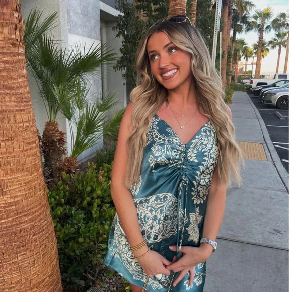 Zara Satin Bandana Paisley  Print Mini Dress Teal Size Small Blogger Fave - Picture 2 of 15